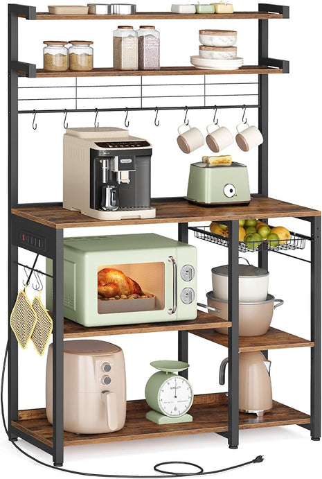 VASAGLE Bakers Rack with Power Outlet, 35.4 Inches Microwave Stand, Coffee Bar, 4 AC Outlets, with Adjustable Shelves, 8 S-Hooks, Basket, Spice Racks, Rustic Brown and Ink Black UKKS031K01