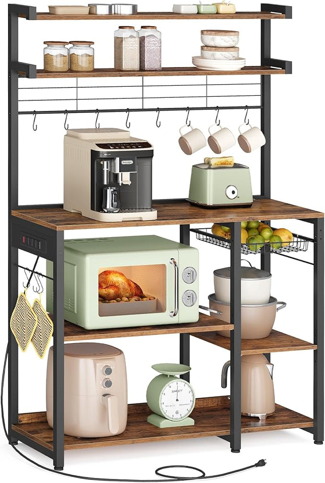 VASAGLE Bakers Rack with Power Outlet, 35.4 Inches Microwave Stand, Coffee Bar, 4 AC Outlets, with Adjustable Shelves, 8 S-Hooks, Basket, Spice Racks, Rustic Brown and Ink Black UKKS031K01