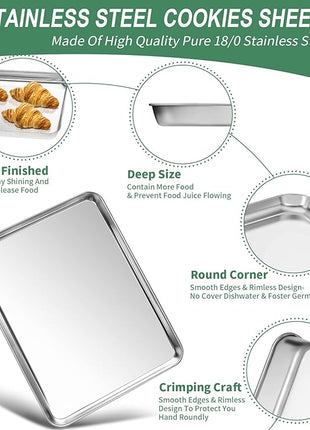 Baking Sheets Set of 2, HKJ Chef Cookie Sheets 2 Pieces & Stainless Steel Baking Pans & Toaster Oven Tray Pans, Rectangle Size 16 x 12 x 1 inch, Non Toxic & Healthy & Easy to Clean