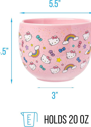 Silver Buffalo Sanrio Hello Kitty Bows Stars Rainbow Pattern Ceramic Ramen Noodle Rice Bowl with Chopsticks, Microwave Safe, 20 Ounces