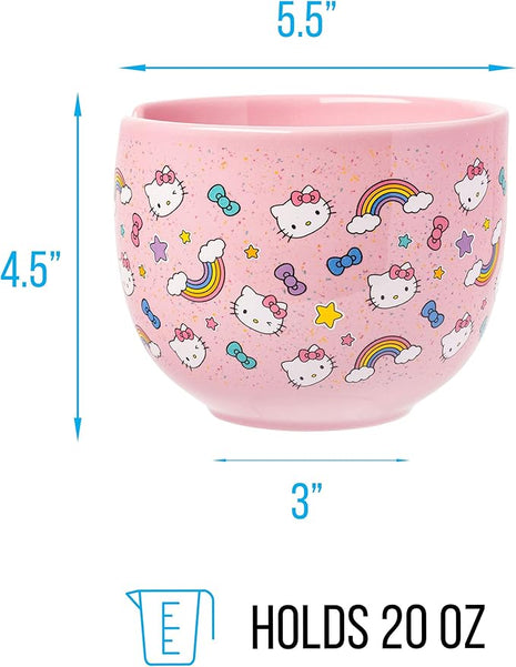 Silver Buffalo Sanrio Hello Kitty Bows Stars Rainbow Pattern Ceramic Ramen Noodle Rice Bowl with Chopsticks, Microwave Safe, 20 Ounces