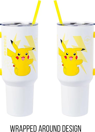 Silver Buffalo Pokémon Stainless Steel Tumbler with Handle Featuring Pikachu, Fits in Standard Cup Holder, 40 Ounces