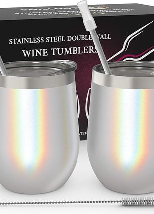 CHILLOUT LIFE 12 oz Stainless Steel Wine Tumblers 2 Pack - Double Wall Vacuum Insulated Wine Glasses Cups with Lids and Straws Set Keeping Cold & Hot for Coffee, Beer, Ice Cream - Holographic Glitter