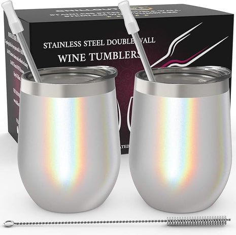 CHILLOUT LIFE 12 oz Stainless Steel Wine Tumblers 2 Pack - Double Wall Vacuum Insulated Wine Glasses Cups with Lids and Straws Set Keeping Cold & Hot for Coffee, Beer, Ice Cream - Holographic Glitter