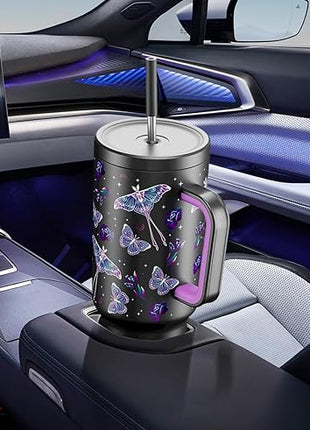 Meoky 40 oz Glow in the Dark Tumbler with Handle and Straw, Tumbler with Lid and Straw, Insulated Stainless Steel Travel Mug, 100% Leak-proof, Keeps Cold for 34 Hours (Butterfly)