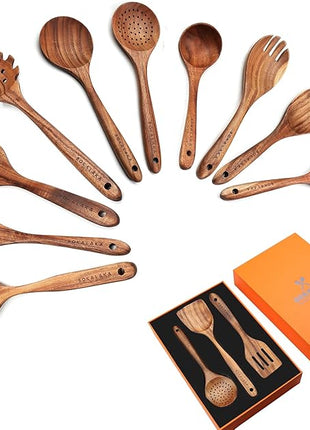 Wooden Spoons for Cooking,10 Pcs Natural Teak Wooden Cooking Utensils Wooden Kitchen Utensils Set Wooden Utensils for Cooking Wooden Spatulas for Cooking