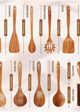 12 Piece Wooden Spoons for Cooking, Wooden Utensils for Cooking with Utensils Holder, Natural Teak Wooden Kitchen Utensils Set with Wooden Spoon Rest, Comfort Grip