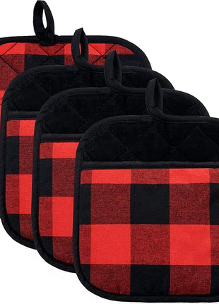 Joyhalo 4 Pack Pot Holders for Kitchen,Cotton Oven Holder with Great Heat Resistance,Non Slip Hot Pads for Kitchen Clearance,Black and Red