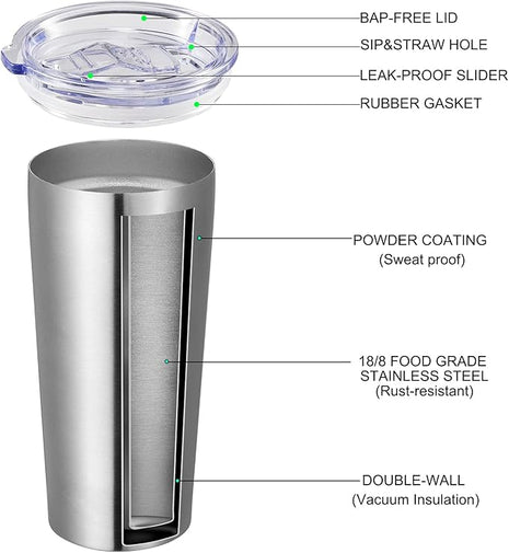 VEGOND 20oz Tumbler Bulk with Lid and Straw 6 Pack, Stainless Steel Vacuum Insulated Tumbler, Double Wall Coffee Cup Travel Mug, Stainless Steel
