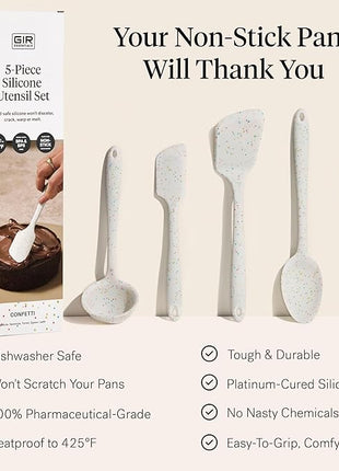 GIR: Get It Right 5-Piece Silicone Essentials Kitchen Utensils Set - Ladle, Spatula, Flip, Spoon & Spoonula - Non-Toxic Cooking Utensils for Nonstick Cookware, Cooking and Baking - Party Confetti