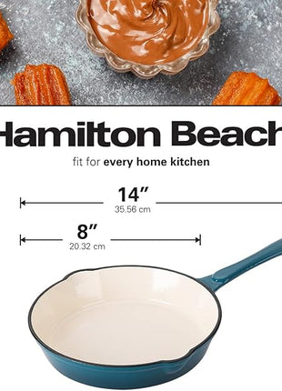 Hamilton Beach Enameled Cast Iron Fry Pan 8-Inch Navy, Cream Enamel Coating, Skillet Pan for Stove Top and Oven