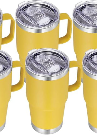 VEGOND 20 oz Tumbler Bulk with Handle Lid and Straw, Stainless Steel Insulated Travel Coffee Mug Set, Spill Proof Double Wall Metal Tumblers Cups, Yellow 6 Pack