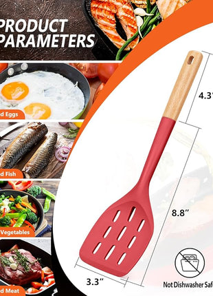 Pack of 2 Silicone Spatula, Non Stick Cooking Utensil Set Wooden Handle Kitchen Turner for Baking Mixing Grilling Serving Food Heat Resistant Non Scratch Hooks Included (Red)