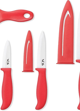 Vos Ceramic Knife Set with Peeler, Ceramic Knives Set For Kitchen, Ultra Sharp Kitchen Knife Set with Covers, 3" 4" 6" Paring, Utility & Chef Knife, Ultra Sharp, Lightweight, Dishwasher safe (Red)