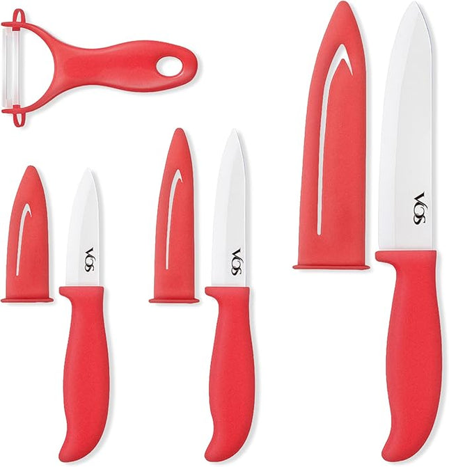 Vos Ceramic Knife Set with Peeler, Ceramic Knives Set For Kitchen, Ultra Sharp Kitchen Knife Set with Covers, 3" 4" 6" Paring, Utility & Chef Knife, Ultra Sharp, Lightweight, Dishwasher safe (Red)