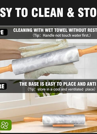 Walfos Marble Rolling Pin With Wooden Handles & Wood Cradle, 16.5 Inch Marble Rolling Pins For Making Pizza Dough And Tortillas, Dough Roller For Pie Crust, Cookie, Pasta (Gray & White)