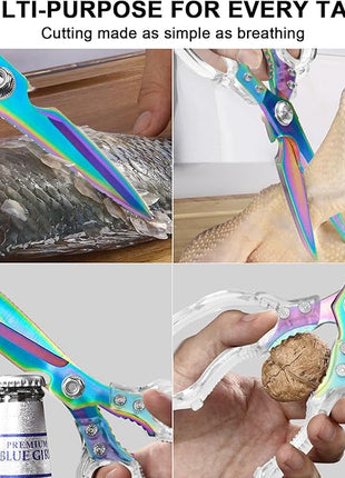 CGBE Kitchen Scissors, Multi-Purpose Kitchen Shears, Heavy Duty Dishwasher Safe Food Scissors for Chicken, Poultry, Fish, Meat & Herbs with Non-Slip Grips (Transparent Colorful)