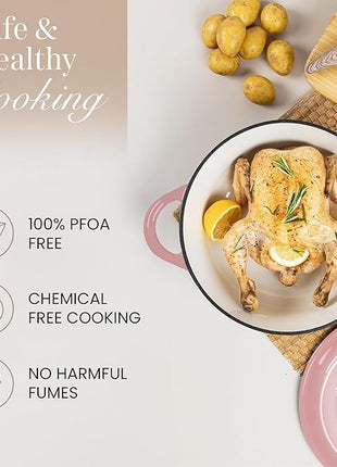 Nuovva Enamelled Cast Iron Dutch Oven Pot with Lid 6.4 Quart Non Stick Casserole Pot – Heavy Duty & Oven Safe up to 500° F for Bread Baking, Braising, Stews, Roasting – 28cm Pink