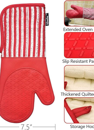 Silicone Oven Mitts Heat Resistant 932℉ with Waterproof & Non-Slip Kitchen Mittens, Set of 2 Extra Long Oven Gloves with Soft Cotton Terry Lining for Baking Cooking Barbecue (2, Red Mitts)