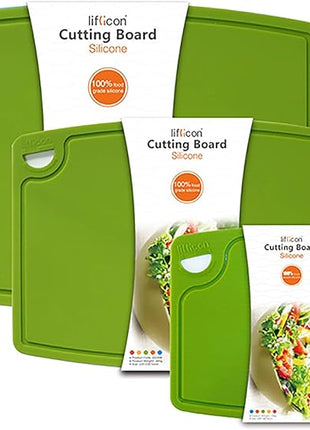 Liflicon Silicone Thick Cutting Boards Mats Set of 3 Foldable & Flexible Design Juice Grooves Easy Grip Handle Dishwasher Safe for Kitchen,BPA free Silicone Cutting Board-Green