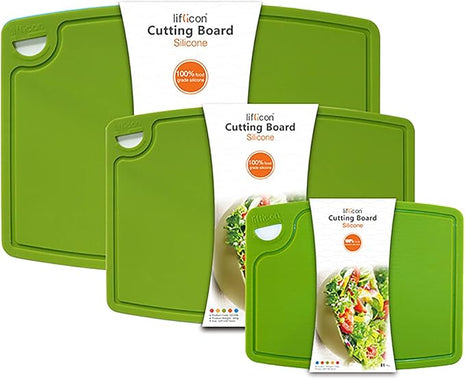 Liflicon Silicone Thick Cutting Boards Mats Set of 3 Foldable & Flexible Design Juice Grooves Easy Grip Handle Dishwasher Safe for Kitchen,BPA free Silicone Cutting Board-Green