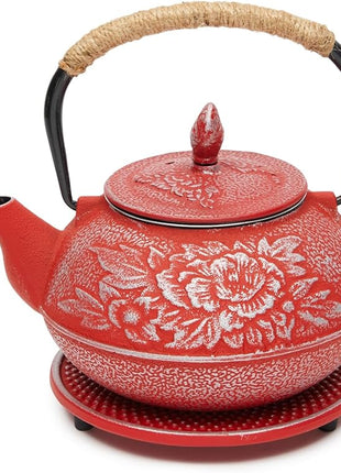 Juvale Japanese Cast Iron Teapot with Infuser - Red, 27 oz (800 ml), 3-Pc Teapot Set - Stovetop Kettle for Loose Leaf Brewing - Removable Stainless Steel Infuser & Trivet Included