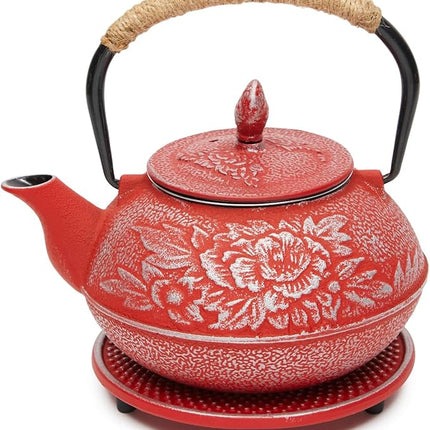 Juvale Japanese Cast Iron Teapot with Infuser - Red, 27 oz (800 ml), 3-Pc Teapot Set - Stovetop Kettle for Loose Leaf Brewing - Removable Stainless Steel Infuser & Trivet Included