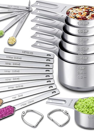 Measuring Cups and Spoons Set of 20, 7 Stainless Steel Nesting Measuring Cups & 7 Spoons, 1 + Leveler & 5 Mini Measuring Spoons for Cooking & Baking