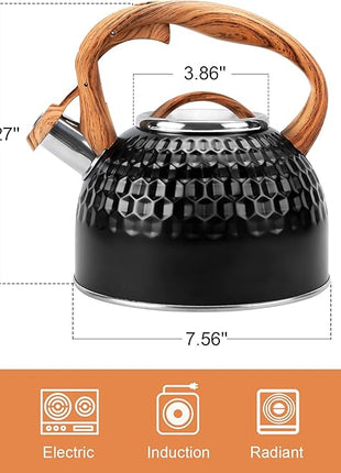 Whistling Teapot, 2.6 Qt 304 Food Grade Stainless Steel Tea Kettle with Heat-resistant Handle, Durable, not Rust，One-button Switch(BLack）