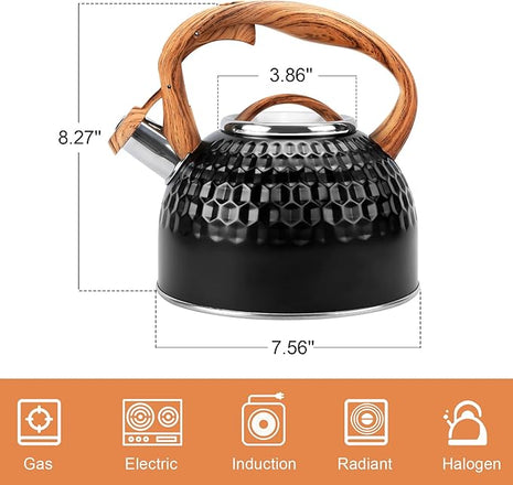 Whistling Teapot, 2.6 Qt 304 Food Grade Stainless Steel Tea Kettle with Heat-resistant Handle, Durable, not Rust，One-button Switch(BLack）