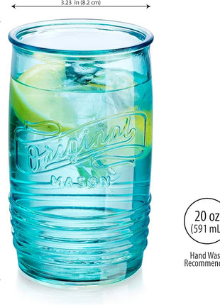 Glaver's Set Of 4 Original Mason Collins Glasses Assorted Colored Drinking Glasses For Juice, Cocktails, Beverage Glass Cups, Hand Wash-In Cold Water (Original Mason Colored 20 OZ)