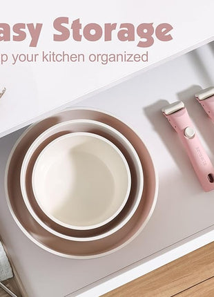 SENSARTE 17 Piece Ceramic Pots and Pans Set, Nonstick Detachable Handle Cookware, Induction Kitchen Cookware Set with Removable Handle, Dishwasher ＆ Oven Safe (Pink)