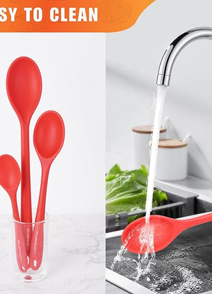 3 Pcs Silicone Spoons Set of 7.9 10.6 14.2 inch for Cooking, Heat Resistant Kitchen Spoons for Mixing, Stirring, and Serving, Small to Large Non Stick (Red)