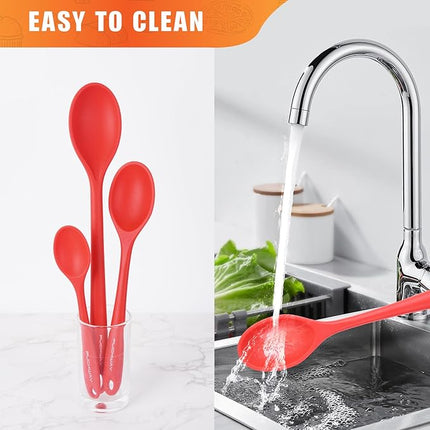 3 Pcs Silicone Spoons Set of 7.9 10.6 14.2 inch for Cooking, Heat Resistant Kitchen Spoons for Mixing, Stirring, and Serving, Small to Large Non Stick (Red)