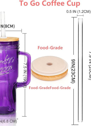 ANOTION Glass Cups with Handle, 24oz Glass Cups with Lids and Straws Travel Coffee Mug Bamboo Mason Jar Iced Cup Smoothie Tea Clear Cute Water Drinking Jars Glasses, Purple