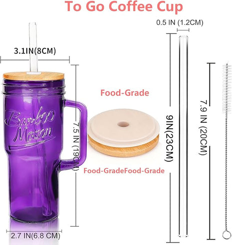 ANOTION Glass Cups with Handle, 24oz Glass Cups with Lids and Straws Travel Coffee Mug Bamboo Mason Jar Iced Cup Smoothie Tea Clear Cute Water Drinking Jars Glasses, Purple