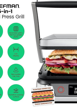 Chefman 5-in-1 Digital Panini Press Grill Sandwich Maker and Griddle Grill Combo with Removable, Reversible Dishwasher-Safe Grilling Plates, Opens 180° for Indoor BBQ /Flat Top Grill, Stainless steel