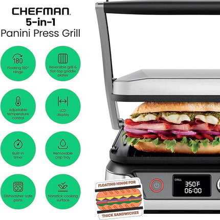 Chefman 5-in-1 Digital Panini Press Grill Sandwich Maker and Griddle Grill Combo with Removable, Reversible Dishwasher-Safe Grilling Plates, Opens 180° for Indoor BBQ /Flat Top Grill, Stainless steel