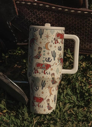 HydroJug Traveler - 40 oz Water Bottle with Handle & Flip Straw - Fits in Cup Holder, Leak Resistant Tumbler-Reusable Insulated Stainless Steel & Rubber Base - Gifts for Women & Men, Rodeo