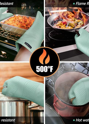 Rorecay 6pcs Oven Mitts and Pot Holders Sets Heat Resistant 500 Degrees, Extra Long Silicone Oven Gloves Non-Slip Potholders Hot Pads for Kitchen Baking Cooking, Quilted Liner, Bermuda Teal