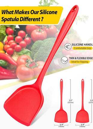 Pack of 2 Silicone Wok Spatula, Non-Stick, Heat Resistant, Easy to Clean and Dishwasher Safe, Seamless Kitchen Utensil for Cooking, Baking, Stir-Fry (Red)