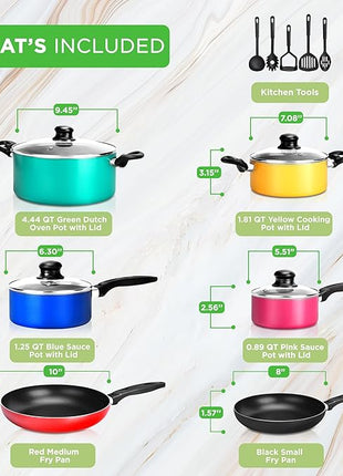 NutriChef 15-Piece Colorful Nonstick Kitchen Cookware Set | Heat Resistant Lacquer Kitchen Ware Pots and Pans Set w/Saucepot, Frying Pans, Pots, Oven Pot, Lids, Utensil