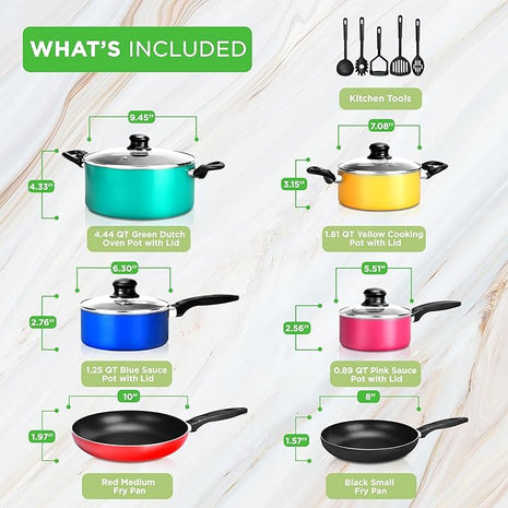 NutriChef 15-Piece Colorful Pots and Pans Set - Heat Resistant Lacquer Cookware Set with Saucepot, Frying Pans, Oven Pot, Lids, Utensil set - All Cooktop Compatible Including Induction
