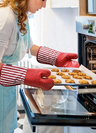 Silicone Oven Mitts Heat Resistant 932℉ with Waterproof & Non-Slip Kitchen Mittens, Set of 2 Extra Long Oven Gloves with Soft Cotton Terry Lining for Baking Cooking Barbecue (2, Red Mitts)