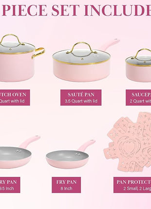 Paris Hilton Epic Nonstick Pots and Pans Set, Multi-layer Nonstick Coating, Tempered Glass Lids, Soft Touch, Stay Cool Handles, Made without PFOA, Dishwasher Safe Cookware Set, 12-Piece, Pink