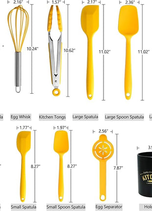 Silicone Spatula Set of 11 Kitchen Utensils with Iron Utensils Holder for Baking, Cooking, and Mixing,Cooking Spatulas Nonstick Cookware，Seamless and Flexible,Dishwasher Safe (Yellow)