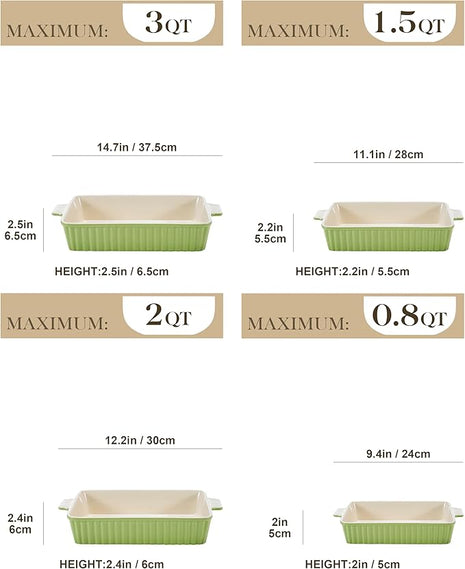 MALACASA Bakeware Set of 4, Porcelain Baking Pans Set for Oven, Casserole Dish, Ceramic Rectangular Baking Dish Lasagna Pans for Cooking Cake Kitchen, Green (9.4"/11.1"/12.2"/14.7"), Series BAKE.BAKE