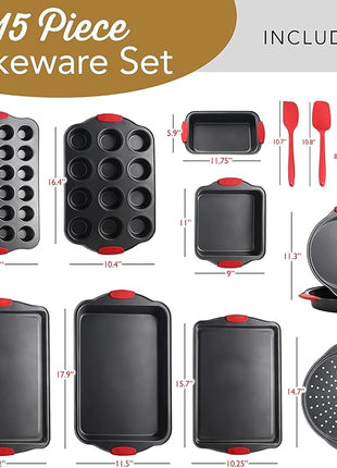 Eatex Nonstick Bakeware Set, 15-Piece with Muffin Pan, Cake Pan & Cookie Sheets for Baking, Steel Baking Sheets for Oven with Kitchen Utensils - Black