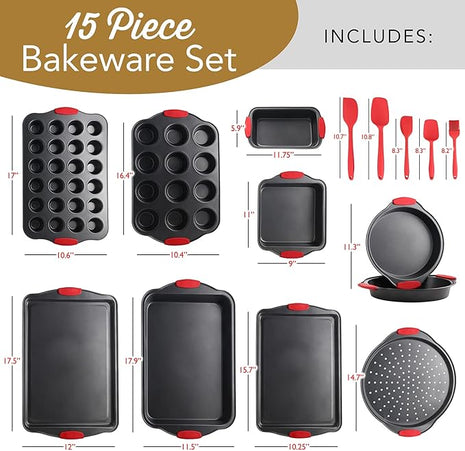 Eatex Nonstick Bakeware Set, 15-Piece with Muffin Pan, Cake Pan & Cookie Sheets for Baking, Steel Baking Sheets for Oven with Kitchen Utensils - Black