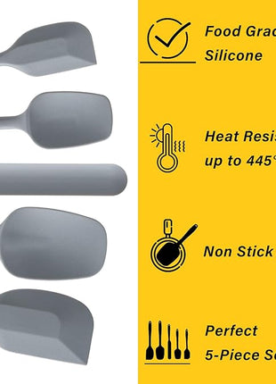 Silicone Spatula Set, 5 Piece Food Grade Rubber Spatulas for Baking, Cooking, and Mixing High Heat Resistant Non Stick Dishwasher Safe BPA-Free (Grey)